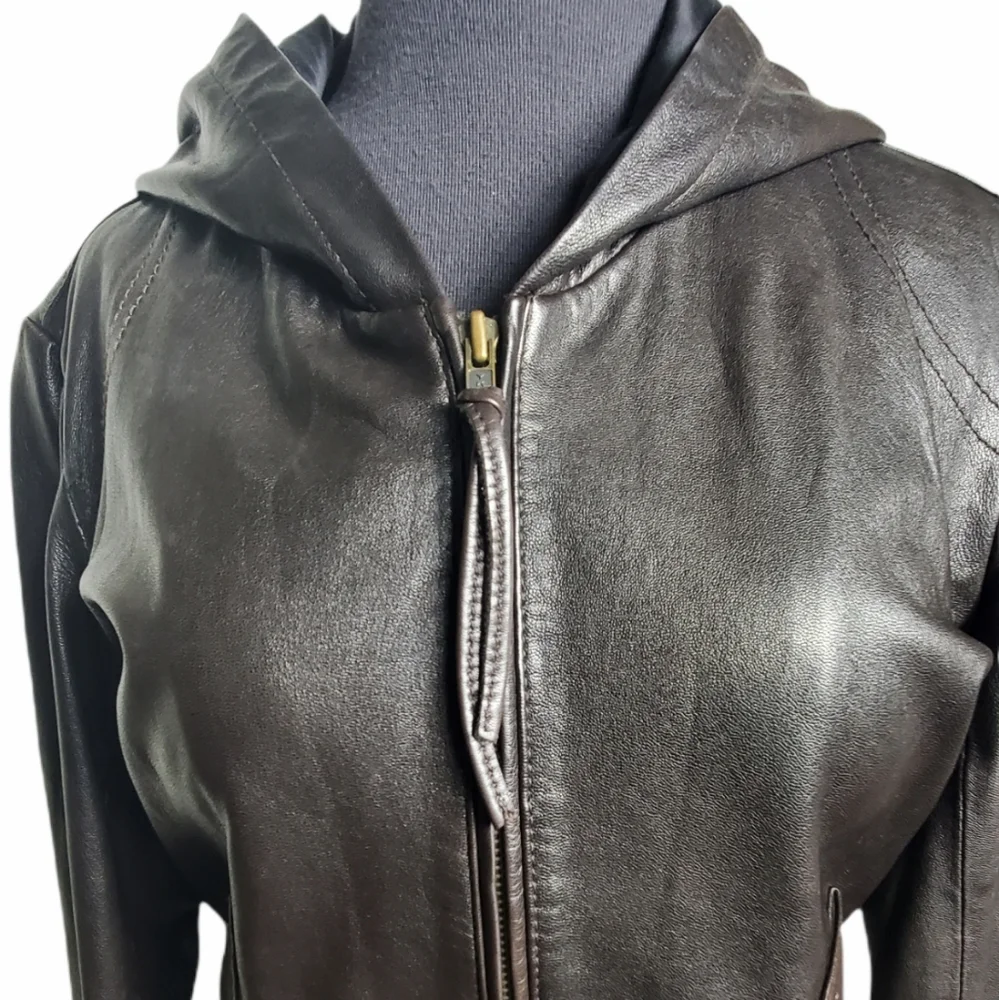June dark brown leather hooded zip jacket women’s size medium - Picture 3 of 10